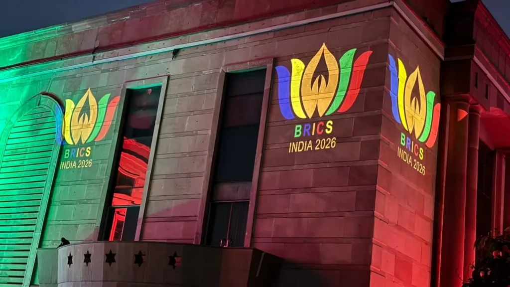 Ministry of External Affairs lights up ahead of the 18th BRICS Summit.
