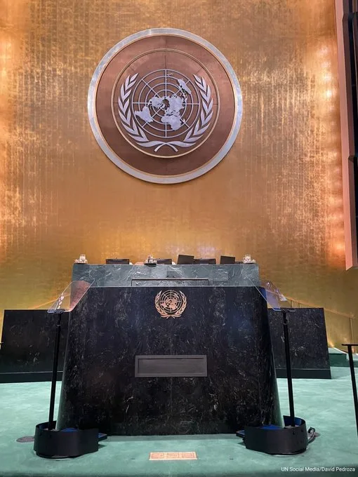 The podium at the United Nations General Assembly hall in New York ahead of a high-stakes week of diplomacy, with wars in West Asia and Ukraine topping the agenda | X (@UN)