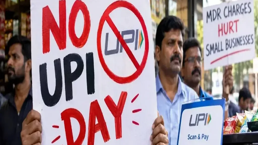 Retailers hold a placard of "No UPI Day" to protest the proposed 0.4 per cent MDR on eligible UPI merchant transactions