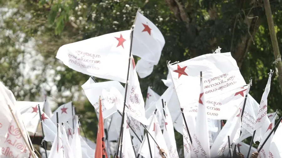 Students hold SFI flags during a rally