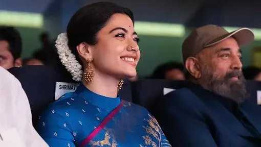 Rashmika Mandanna wearing the blue Kanchipuram referred as 'MS Blue' after MS Subbulakshmi