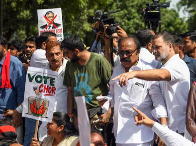The INDIA bloc’s march towards the Election Commission headquarters in Delhi turned into a prolonged standoff on Tuesday after police stopped the opposition leaders near Parliament Street. (PTI)