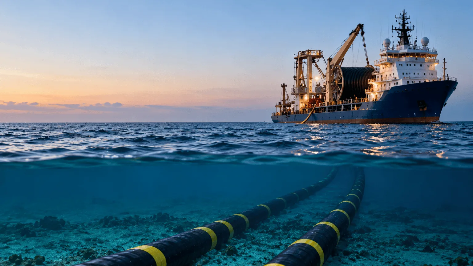 A simple representative image showing an undersea cable and a cable-laying ship