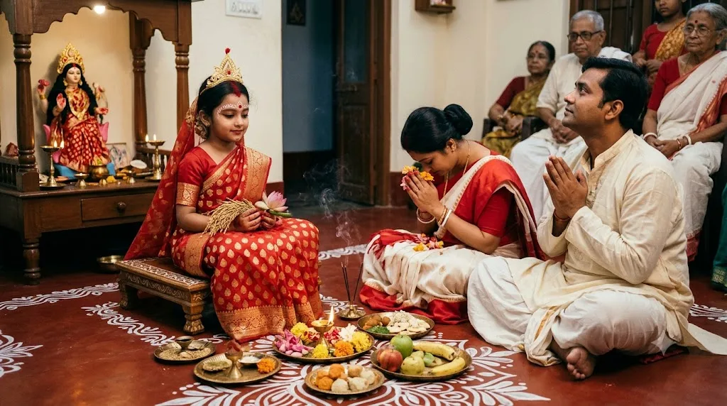A couple in West Bengal’s Nadia district used the occasion of Kojagari Lakshmi Purnima to deliver a powerful message against violence against women and discrimination against girl children. (AI-Generated)