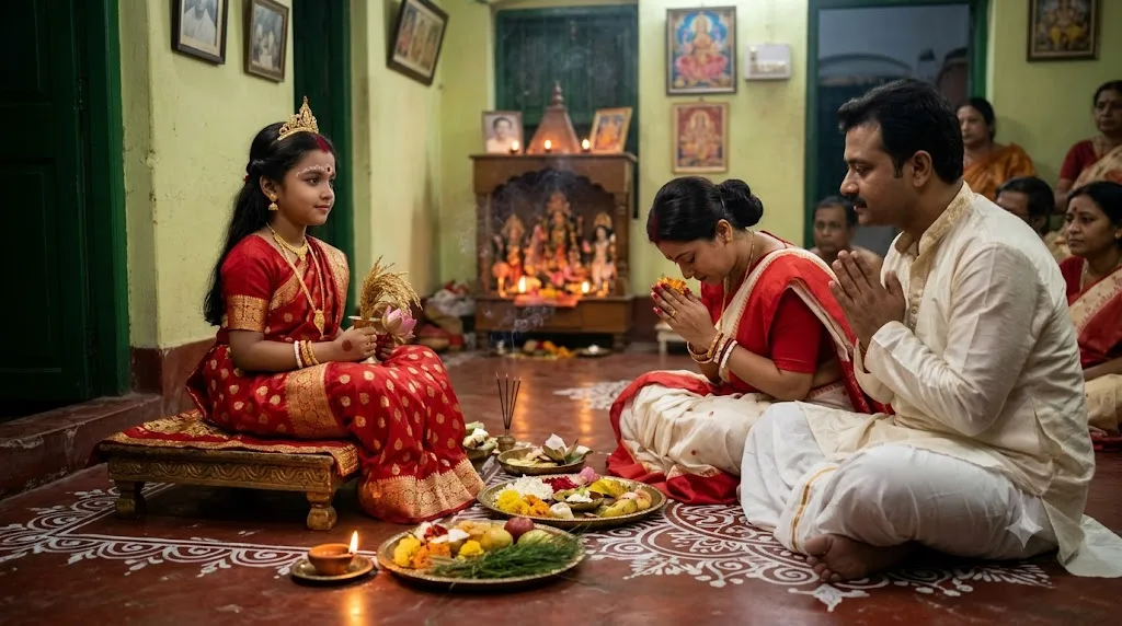 Although the worship of young girls as Kumaris is associated with Durga Puja, the family’s decision to worship Shruti as Lakshmi on Kojagari Purnima gave the observance a distinct message about equality and women’s dignity. (AI-Generated)