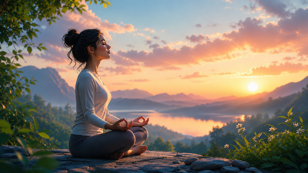 Woman meditating at sunrise in nature