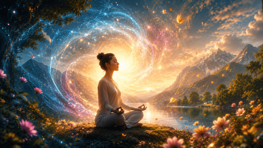 Woman meditating with glowing energy in nature