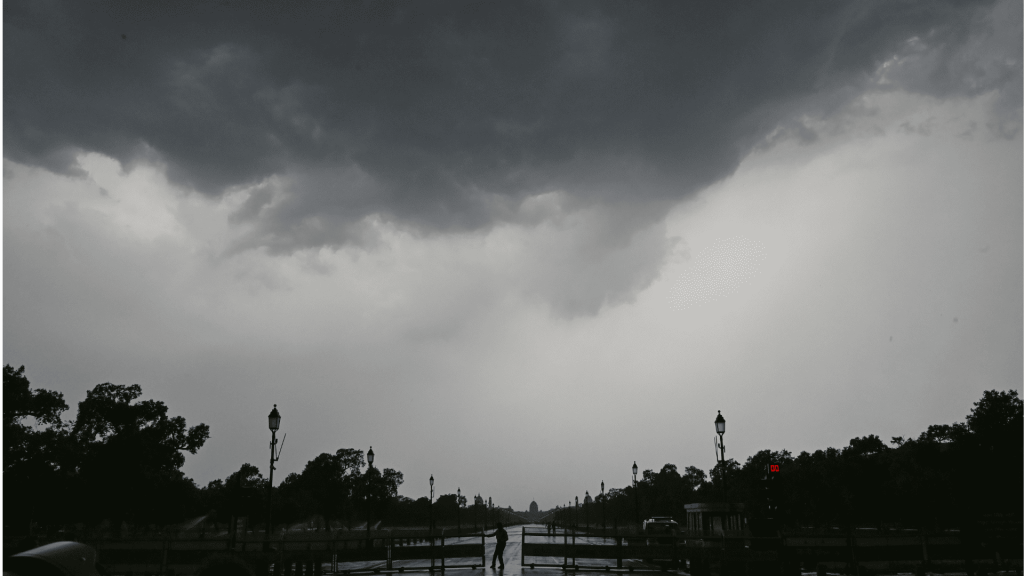 Dark storm clouds gather over Delhi before heavy rain.