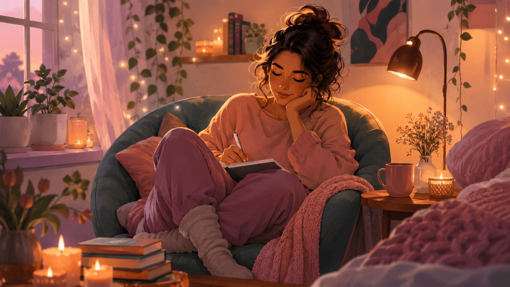 Woman in a warm, cozy bedroom