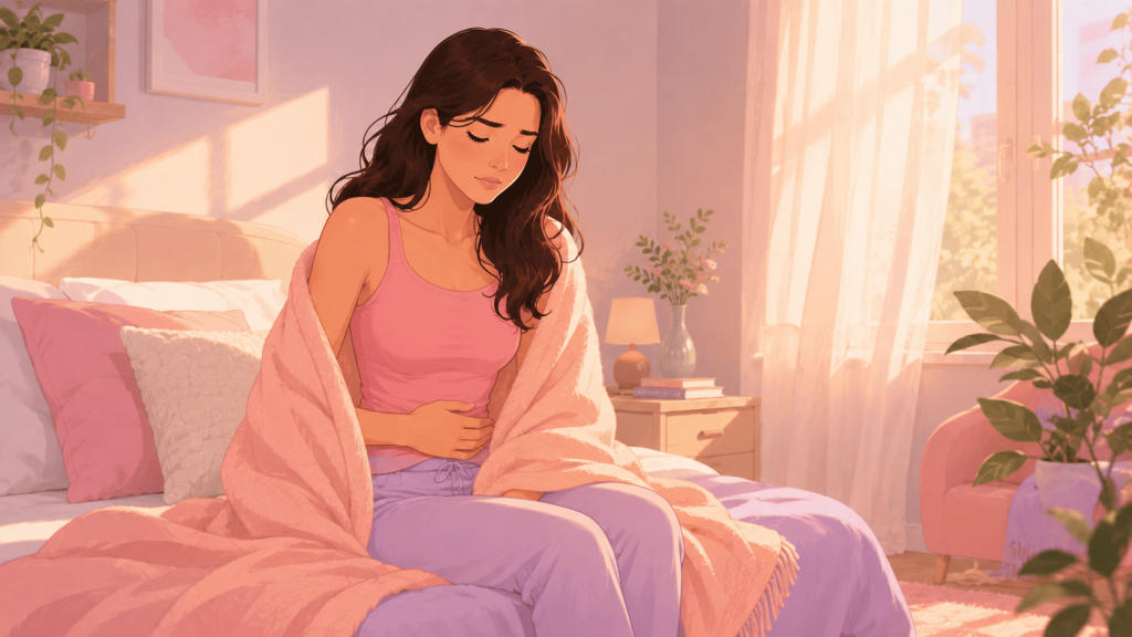 Woman holding her stomach while sitting on a bed