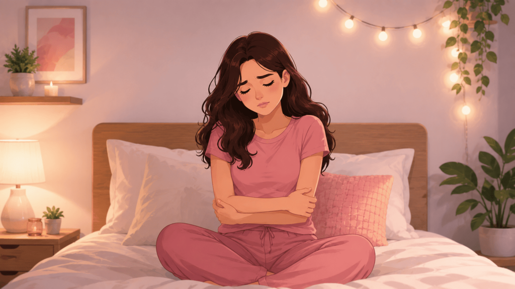 Woman experiencing stomach discomfort while sitting on a bed