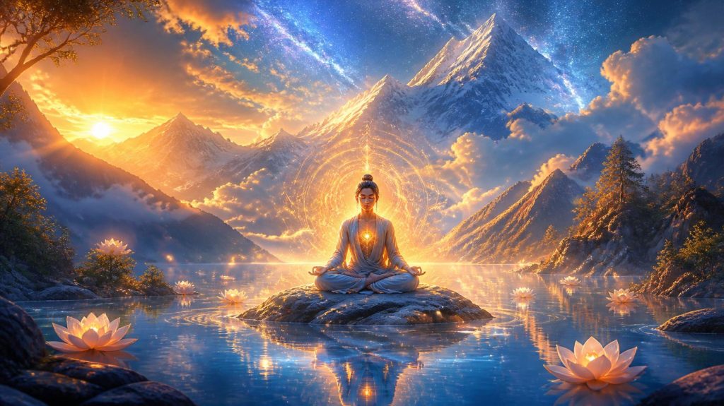 Meditative figure with glowing chakra energy