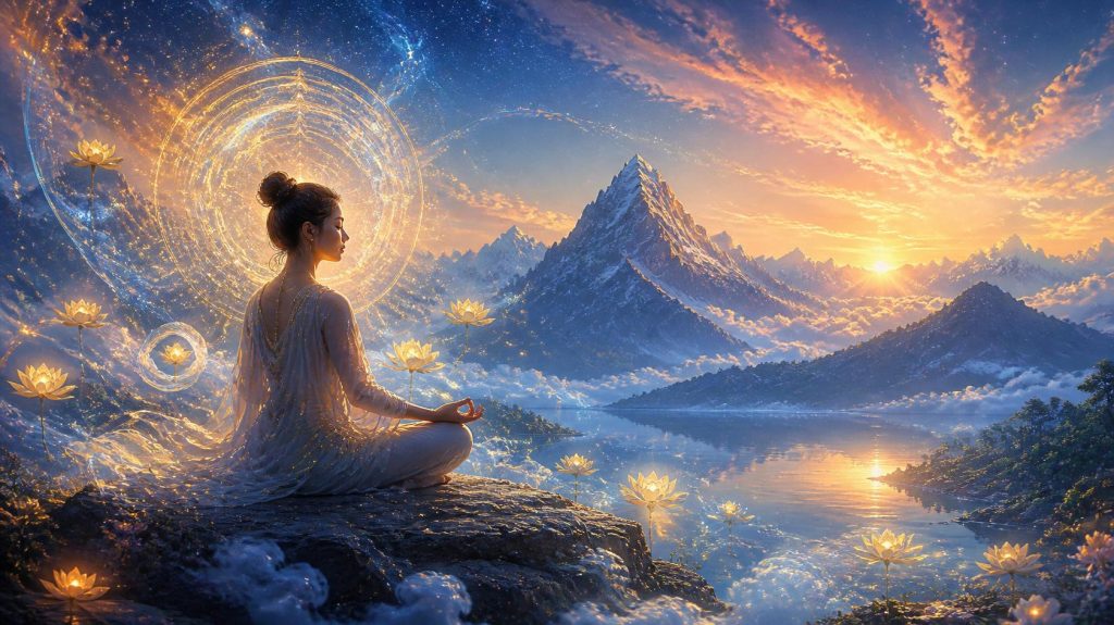 Meditative figure with glowing chakra energy
