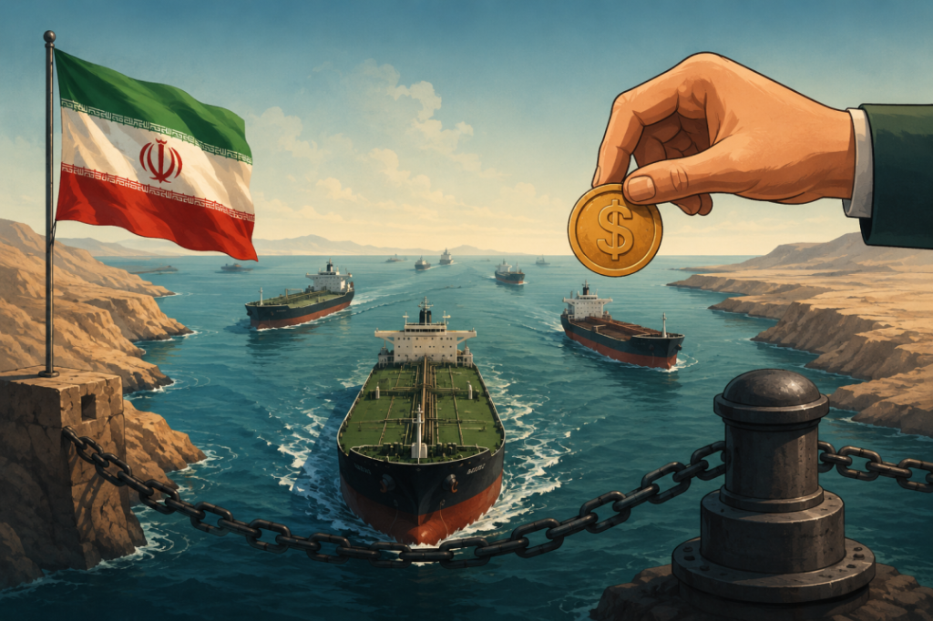 Iran announces Strait of Hormuz service fees as oil tankers transit the strategic waterway illustration.