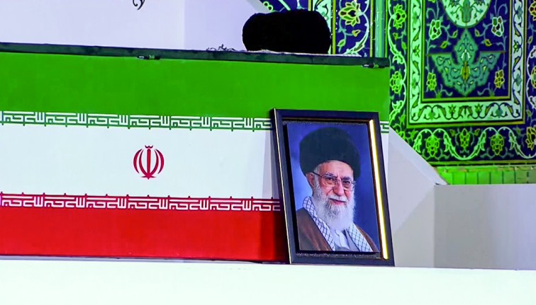 A view of a coffin with a portrait of Iran's late Supreme Leader Ayatollah Ali Khamenei, during his funeral ceremony, in Tehran.