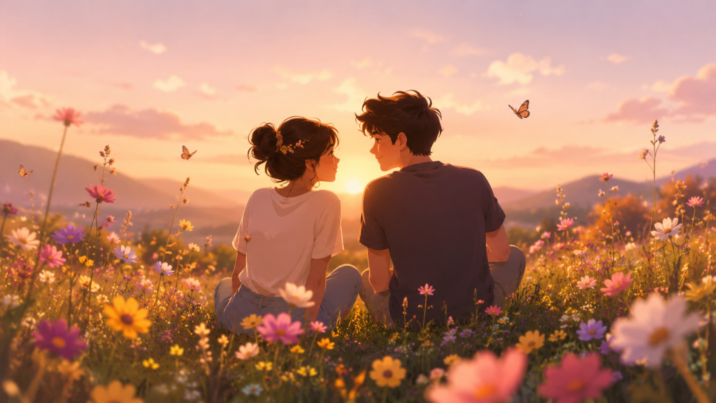 Couple watching a sunset together in a flower meadow