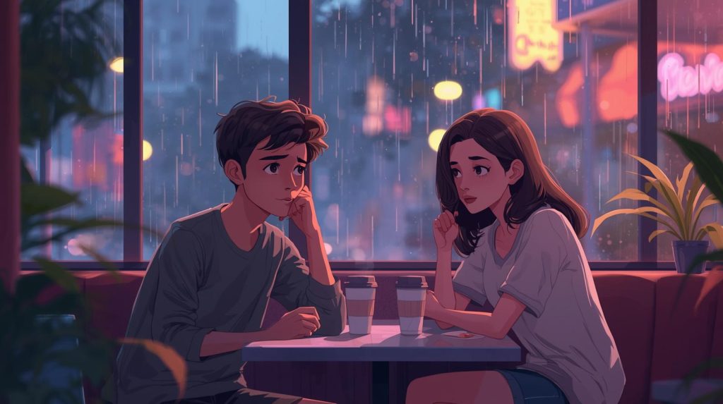 Couple having a serious conversation in a rainy café