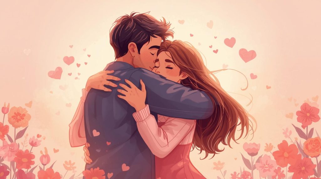 Couple sharing a warm hug surrounded by hearts