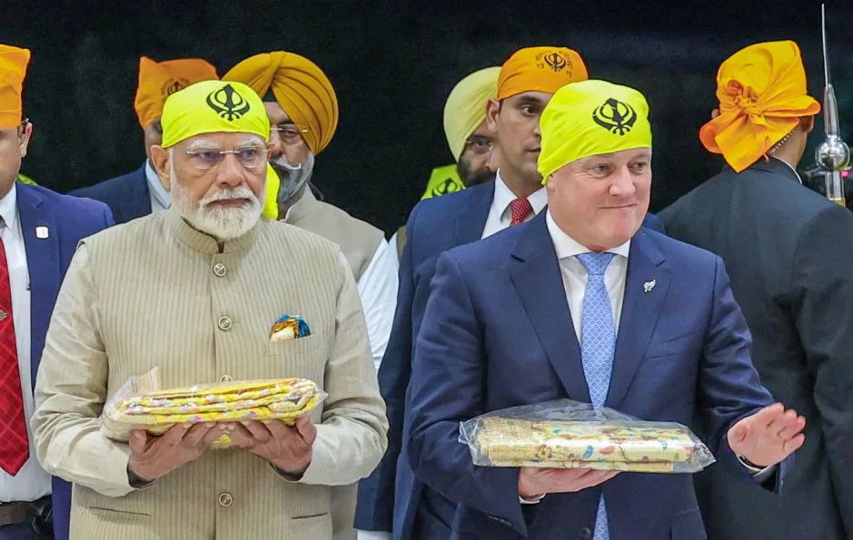 Prime Minister Narendra Modi and New Zealand PM Christopher Luxon arrive to pay obeisance at Gurdwara Rakab Ganj Sahib, in New Delhi | File image/ANI