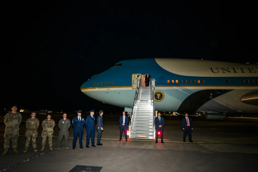 Donald Trump lands at RAF Mildenhall in England aboard the former Air Force One before departing back to the United States | File image/X/@WhiteHouse