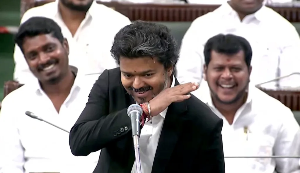 Tamil Nadu CM C. Joseph Vijay makes cinematic gesture while concluding Assembly speech in Chennai | File image/ANI
