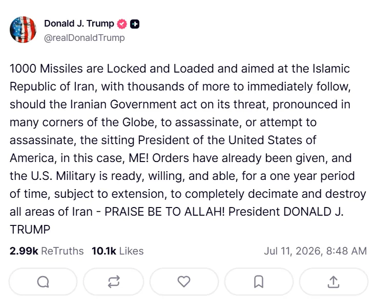 US President Donald Trump issued another warning to Tehran | Truth Social