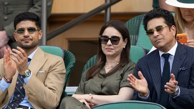 sachin Tendulkar with his wife Anjali and Subhman Gill at Wimbledon