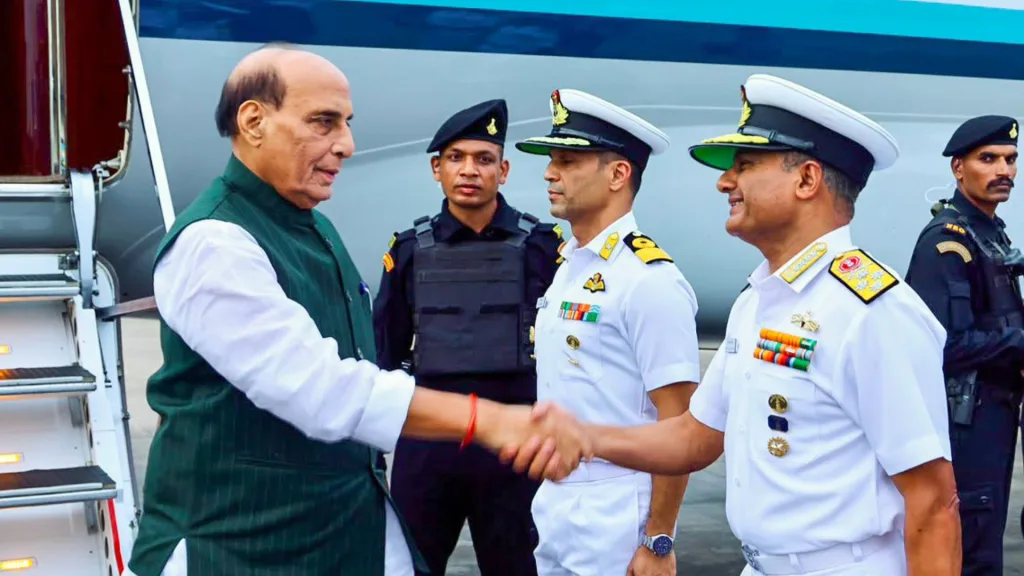 Defence Minister Rajnath Singh arrives to attend the Commissioning Ceremony of INS Mahendragiri on July 11th