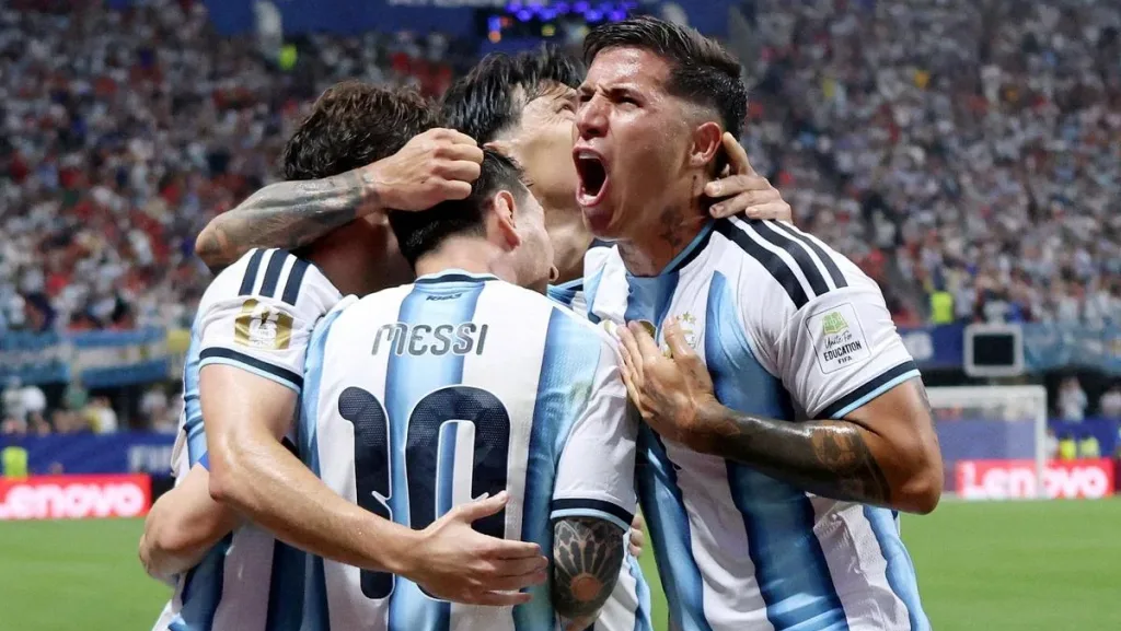 Argentina players celebrate after scoring a goal against Egypt in the R16