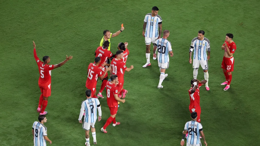 Switzerland's Bryan Embolo being shown red card