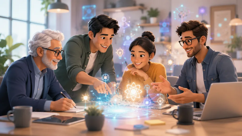 Multi-generational team using digital tools together in a modern collaborative workspace.