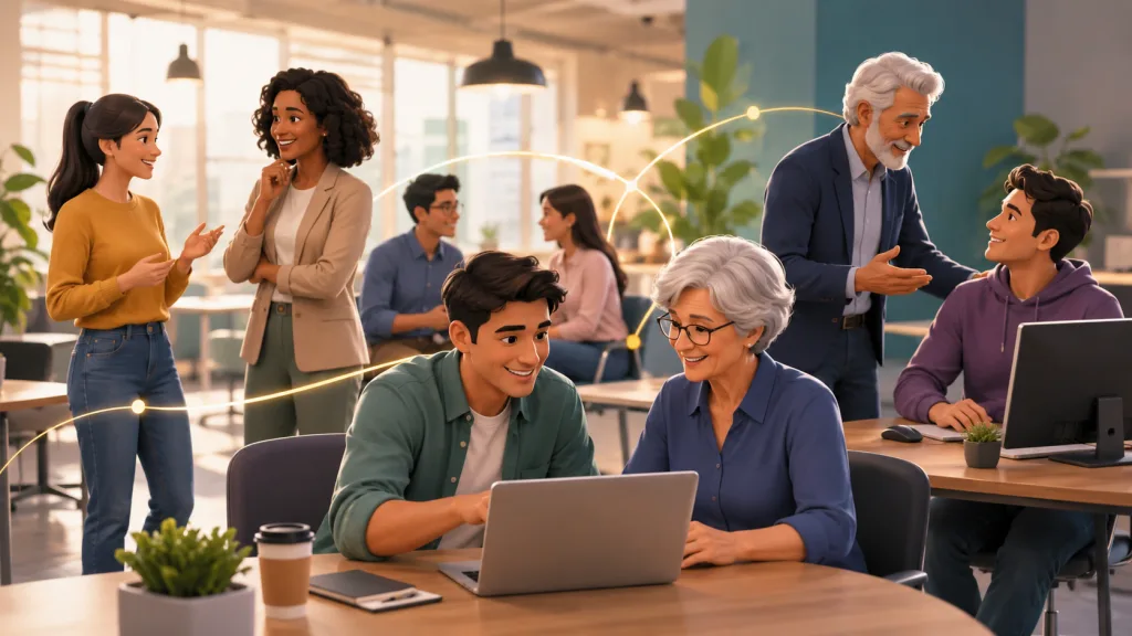 employees from different generations collaborating in a modern workplace.