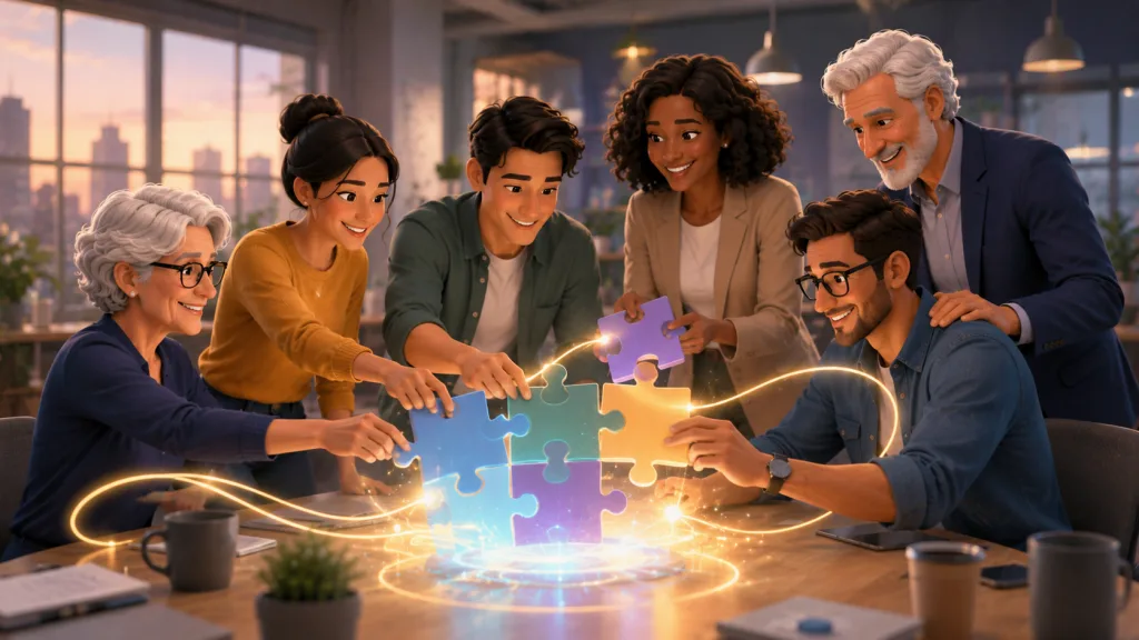 Diverse employees of all ages working together to build an inclusive and innovative workplace.