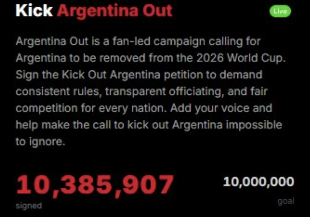An online campaign calling for Argentina's removal from the FIFA World Cup 2026 has gathered massive traction just hours before the defending champions face England in the second semifinal. (X)