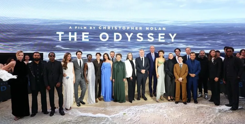 Matt Damon as Odysseus alongside the ensemble cast in Christopher Nolan's The Odyssey.