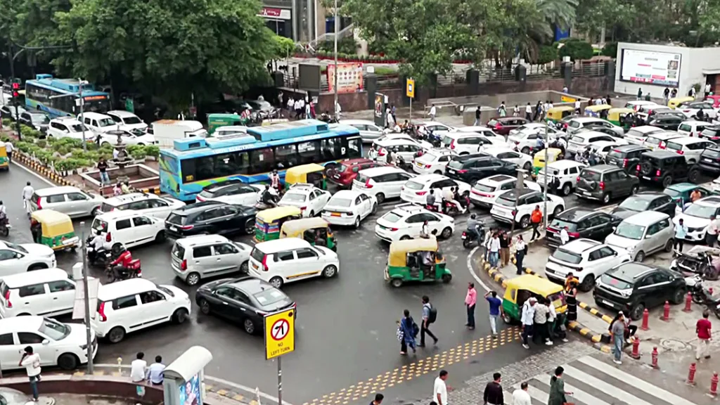 Vehicles stuck in a traffic jam at Connaught Place due to CJP Protest, in New Delhi on Monday/ ANI
