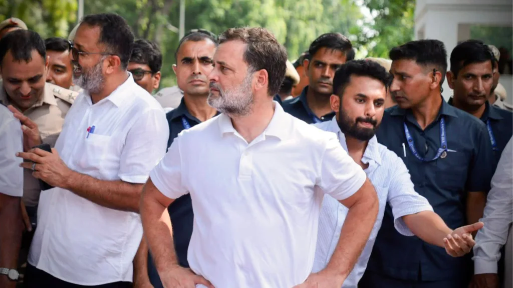 Lok Sabha LoP Rahul Gandhi holds a protest at Lok Kalyan Marg, demanding the resignations of Prime Minister Narendra Modi and Education Minister Dharmendra Pradhan