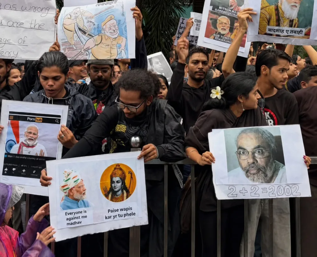 Students hold satirical posters and memes during a protest, using humor, caricatures and pop culture references to express political dissent and amplify their message | Instagram-delhipaparazzi