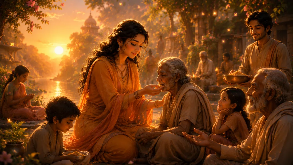 Woman caring for elderly people in a peaceful spiritual village setting