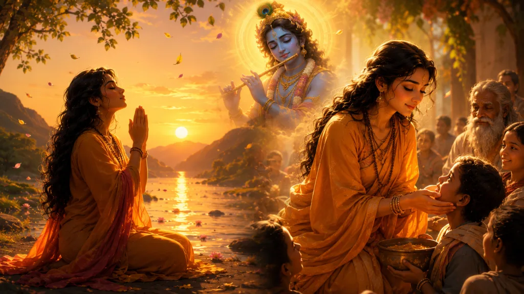 Woman showing compassion and devotion in a serene spiritual setting