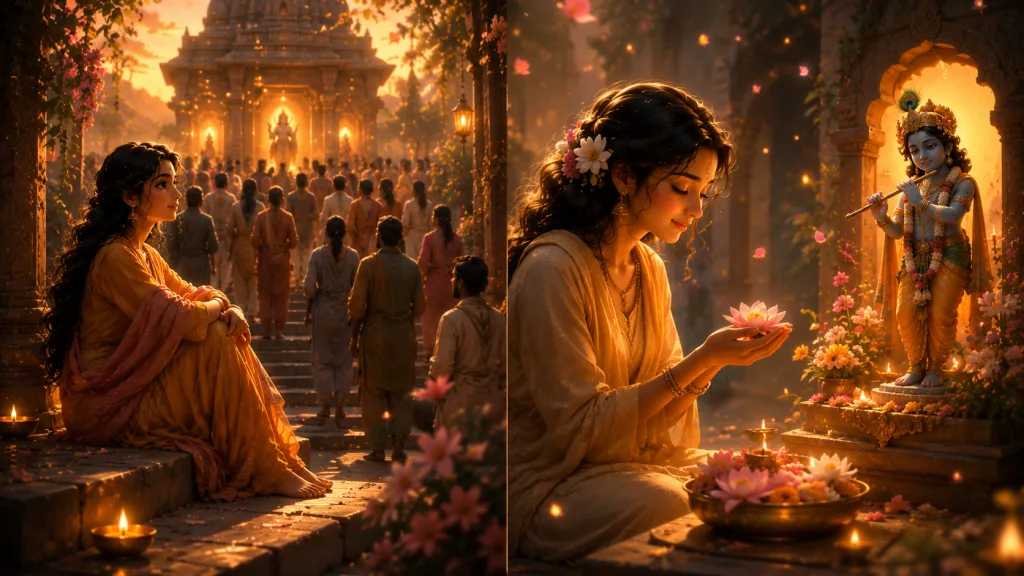 Devotee offering a lotus flower with sincere faith before a deity