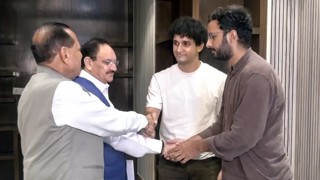 Cockroach Janta Party's (CJP) Spokespersons Saurav Das and Ashutosh Ranka meet Union Minister JP Nadda and Union MoS Jitendra Singh