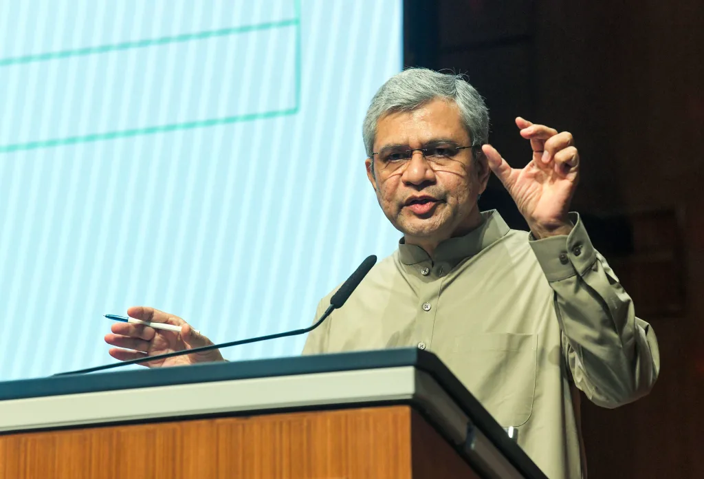 Union Minister Ashwini Vaishnaw speaks during a cabinet briefing