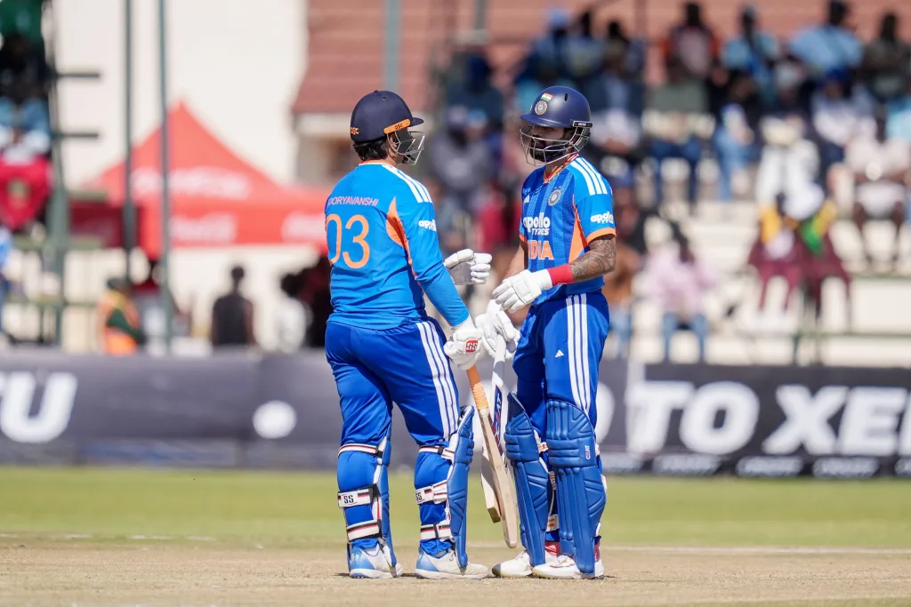 Vaibhav Sooryavanshi during a chat with captain Shreyas Iyer.