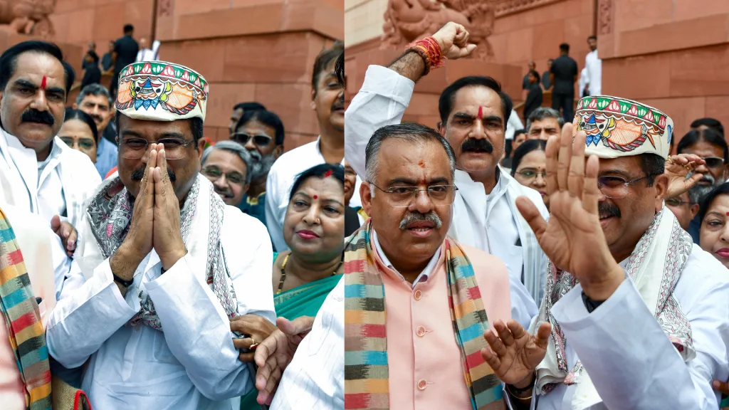 BJP-NDA MPs Welcome Former Union Education Minister and BJP MP Dharmendra Pradhan at Parliament During Monsoon Session