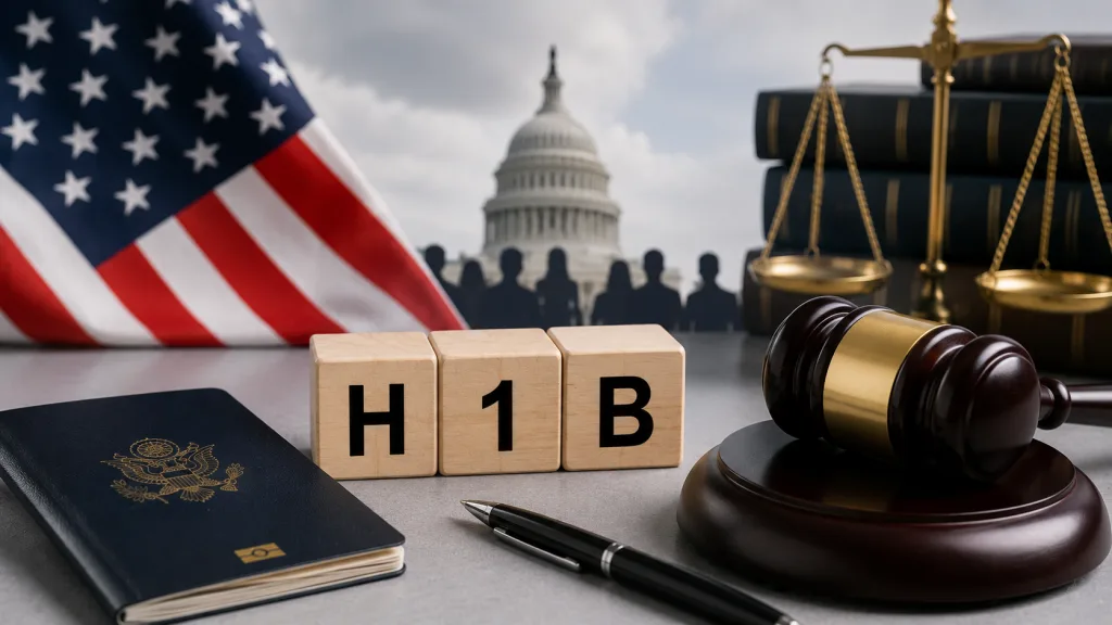 End H-1B Abuse Act concept image with H-1B visa, passport and US Capitol