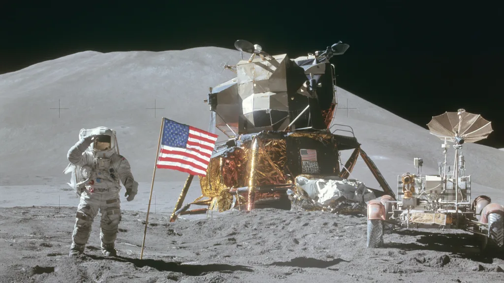 James Irwin salutes the United States flag on the Moon, August 2, 1971