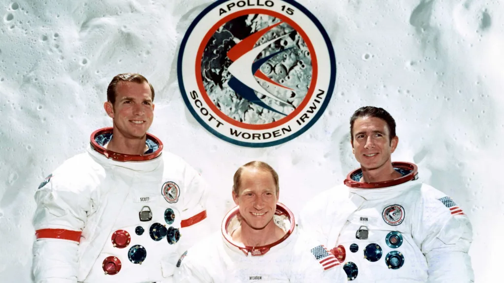 The prime crew of Apollo 15; from left to right: Commander, David R. Scott, Command Module pilot, Alfred M. Worden and Lunar Module pilot, James B. Irwin