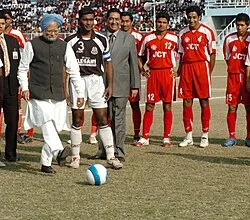 The Prime Minister, Dr. Manmohan Singh inaugurating the National Football League 2007 by kicking a football at Ambedkar Stadium, in New Delhi on January 5, 2007.