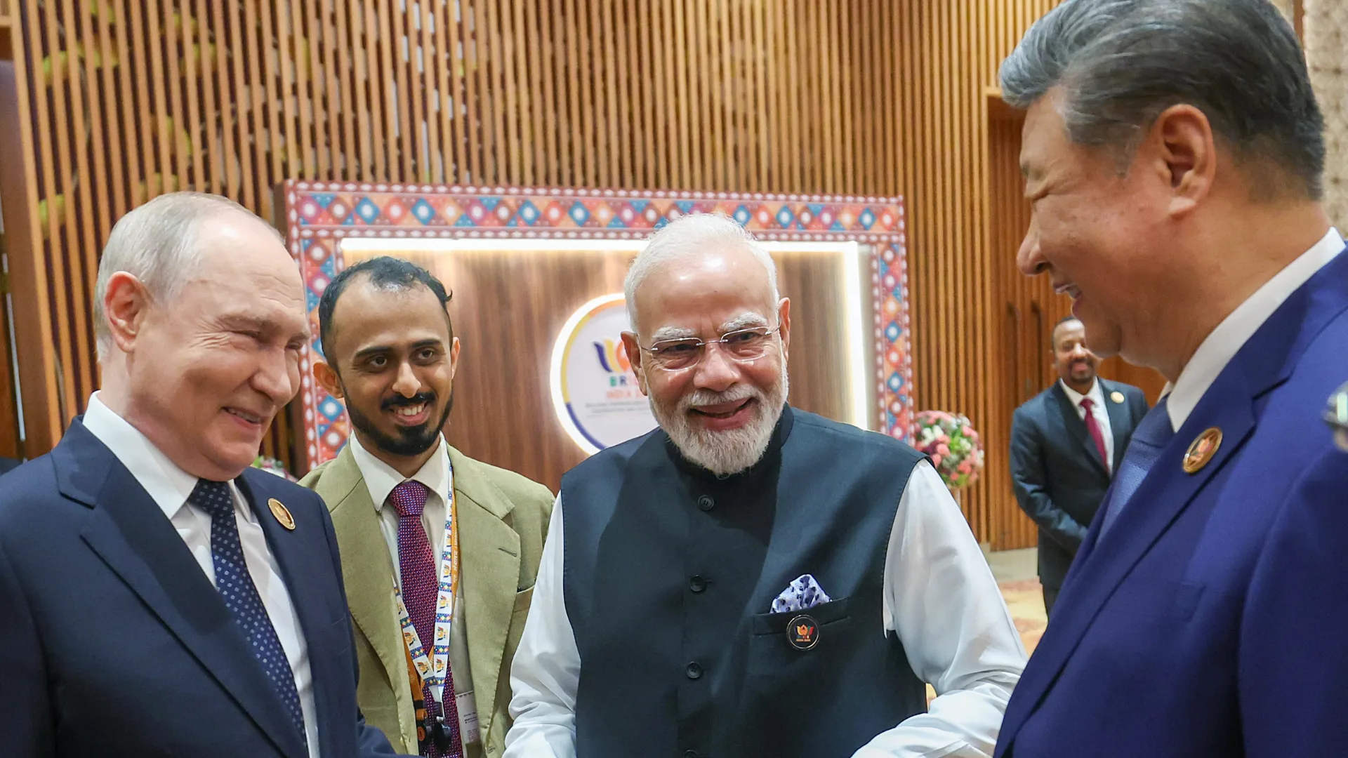 PM Modi holds hands with Putin and Xi at BRICS Summit in powerful display of unity